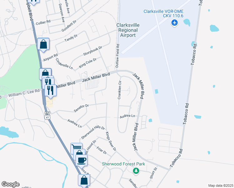 map of restaurants, bars, coffee shops, grocery stores, and more near 367 Cranklen Circle in Clarksville