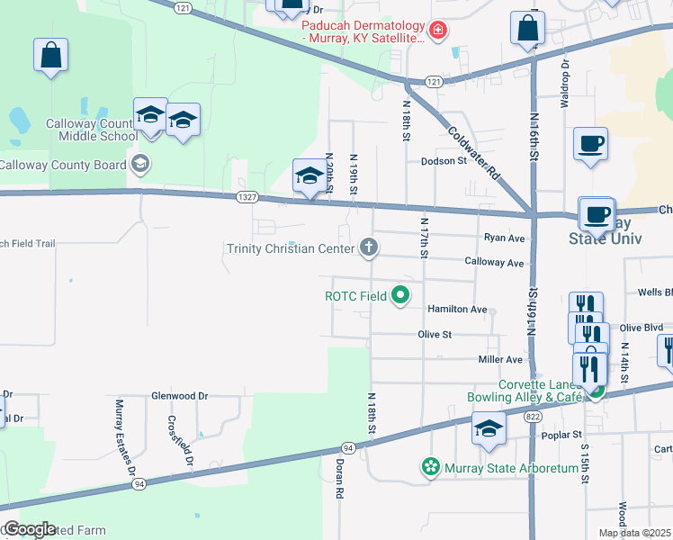 map of restaurants, bars, coffee shops, grocery stores, and more near 1806 Monroe Avenue in Murray