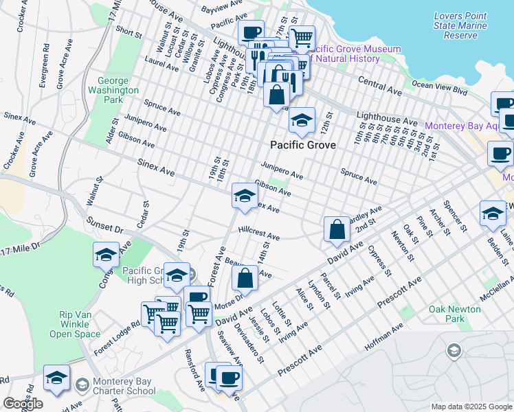 map of restaurants, bars, coffee shops, grocery stores, and more near 555 Sinex Avenue in Pacific Grove