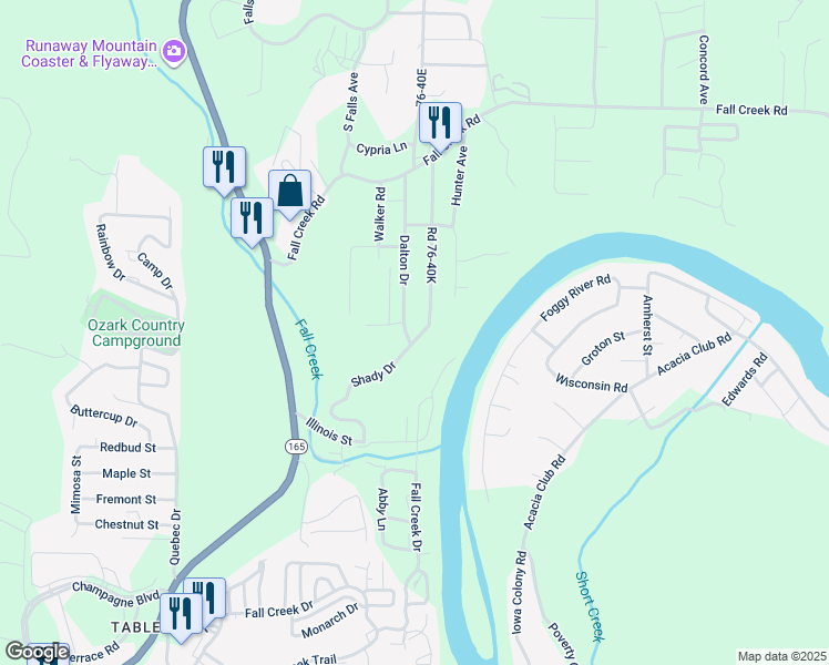 map of restaurants, bars, coffee shops, grocery stores, and more near 456 Shady Drive in Branson