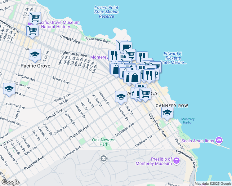 map of restaurants, bars, coffee shops, grocery stores, and more near 799 Laine Street in Monterey