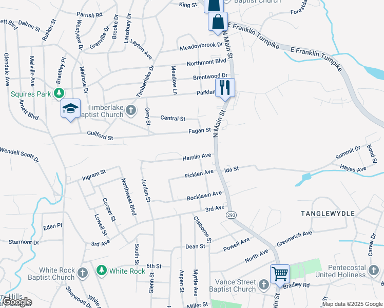 map of restaurants, bars, coffee shops, grocery stores, and more near 144 Hamlin Avenue in Danville