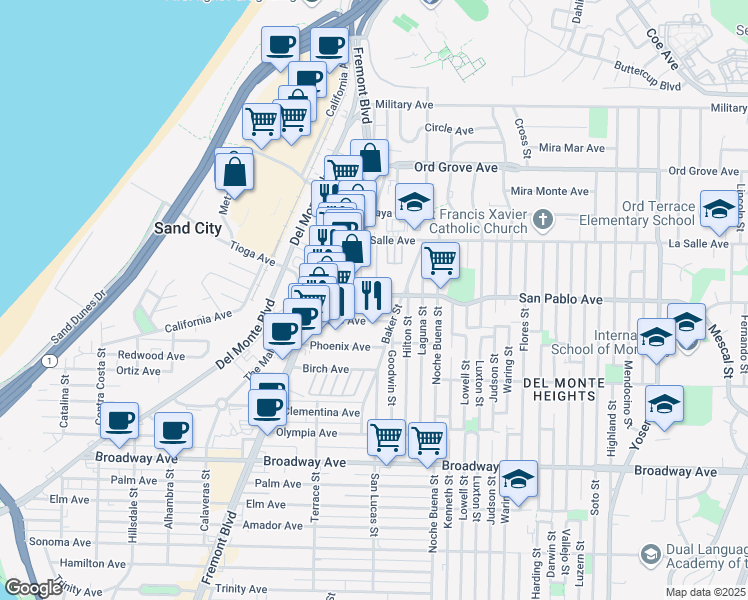 map of restaurants, bars, coffee shops, grocery stores, and more near 1210 San Pablo Avenue in Seaside