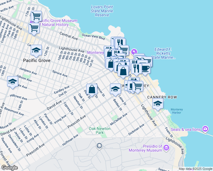 map of restaurants, bars, coffee shops, grocery stores, and more near 838 Belden Street in Monterey