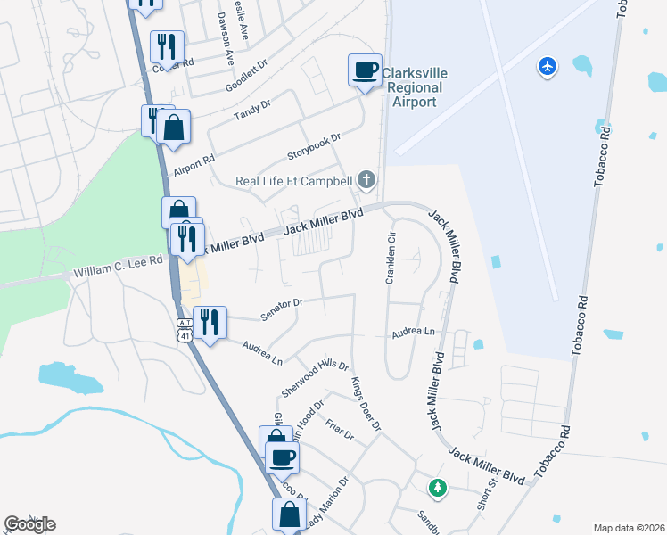 map of restaurants, bars, coffee shops, grocery stores, and more near 281 Executive Avenue in Clarksville
