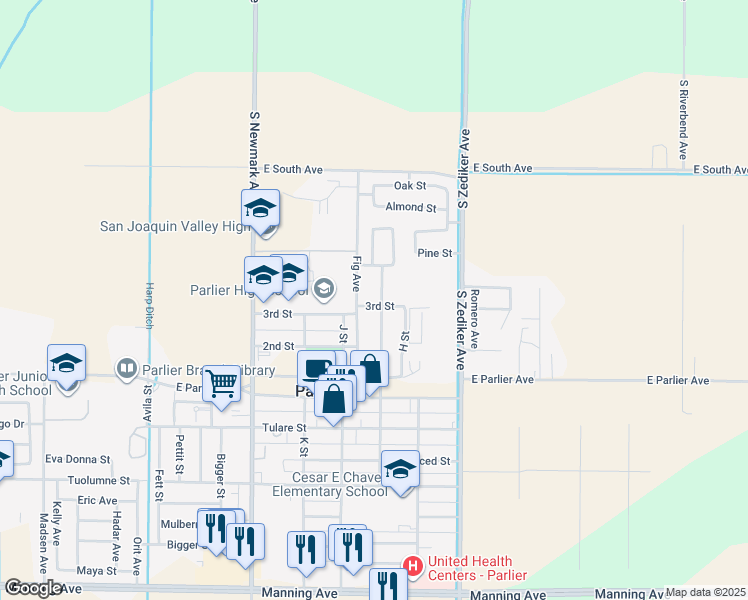 map of restaurants, bars, coffee shops, grocery stores, and more near 825 I Street in Parlier