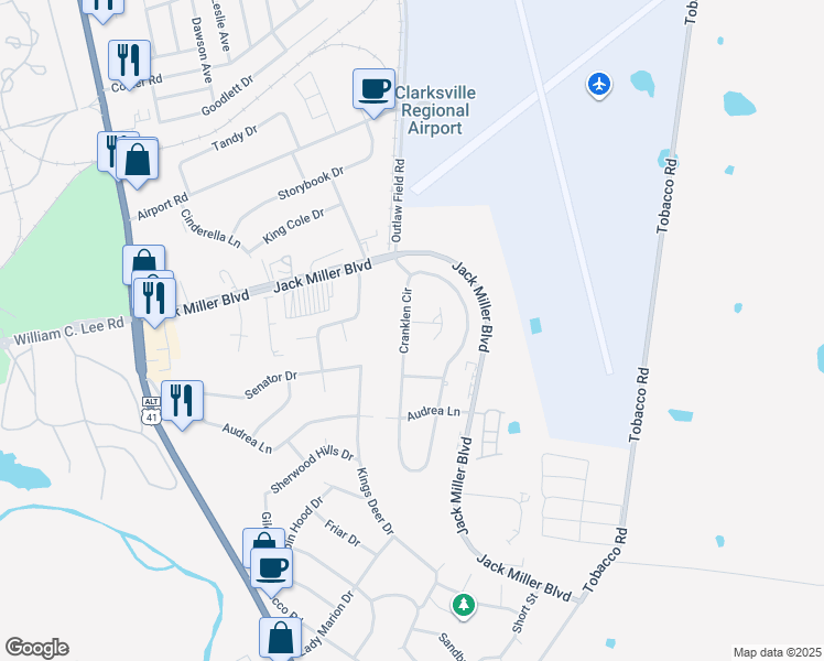 map of restaurants, bars, coffee shops, grocery stores, and more near 342 Bombay Drive in Clarksville