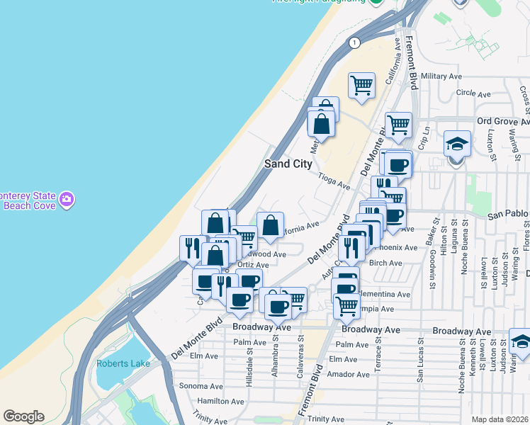 map of restaurants, bars, coffee shops, grocery stores, and more near 1877 Ocean View Avenue in Seaside