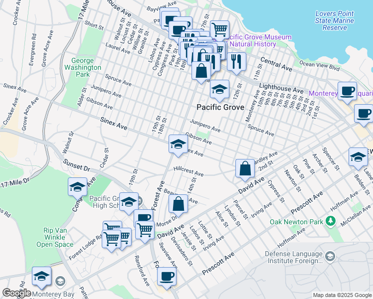 map of restaurants, bars, coffee shops, grocery stores, and more near 555 Sinex Avenue in Pacific Grove