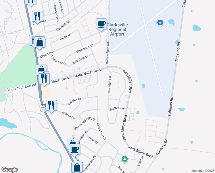 map of restaurants, bars, coffee shops, grocery stores, and more near 342 Bombay Drive in Clarksville