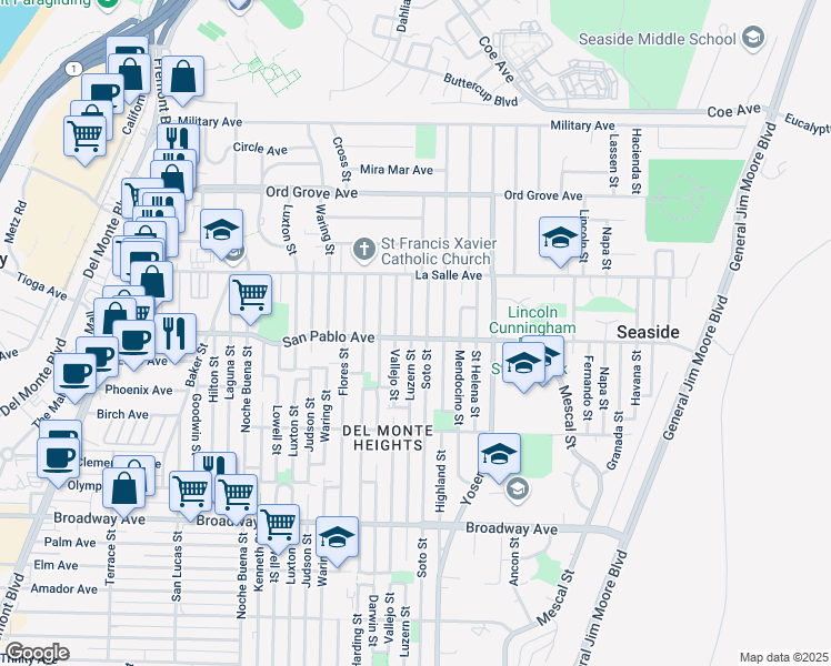 map of restaurants, bars, coffee shops, grocery stores, and more near 1800 Luzern Street in Seaside