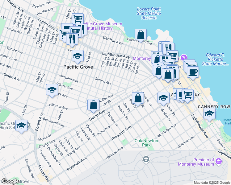 map of restaurants, bars, coffee shops, grocery stores, and more near 516 Eardley Avenue in Pacific Grove