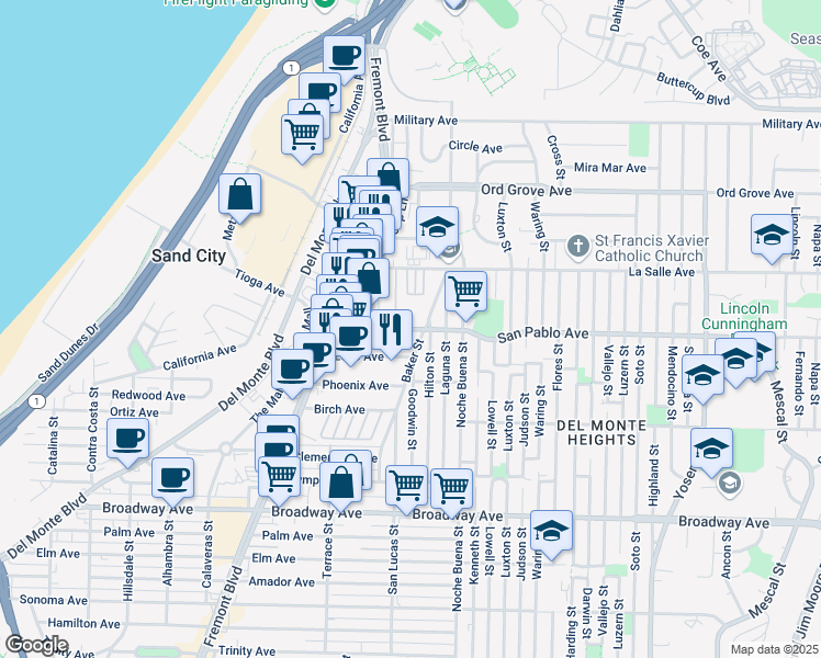 map of restaurants, bars, coffee shops, grocery stores, and more near 1221 San Pablo Avenue in Seaside