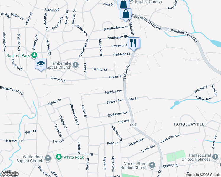 map of restaurants, bars, coffee shops, grocery stores, and more near 144 Hamlin Avenue in Danville