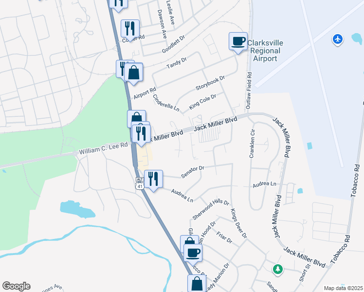 map of restaurants, bars, coffee shops, grocery stores, and more near 168 Jack Miller Boulevard in Clarksville