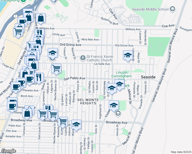 map of restaurants, bars, coffee shops, grocery stores, and more near 1809 Soto Street in Seaside