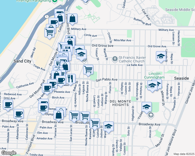 map of restaurants, bars, coffee shops, grocery stores, and more near 1801 Luxton Street in Seaside