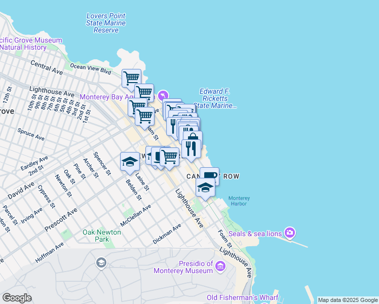 map of restaurants, bars, coffee shops, grocery stores, and more near 625 Cannery Row in Monterey