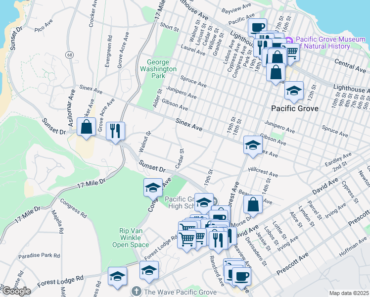 map of restaurants, bars, coffee shops, grocery stores, and more near 861 Cedar Street in Pacific Grove