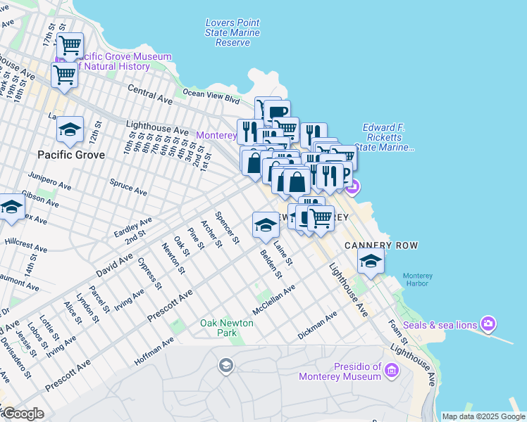 map of restaurants, bars, coffee shops, grocery stores, and more near 461 Irving Avenue in Monterey