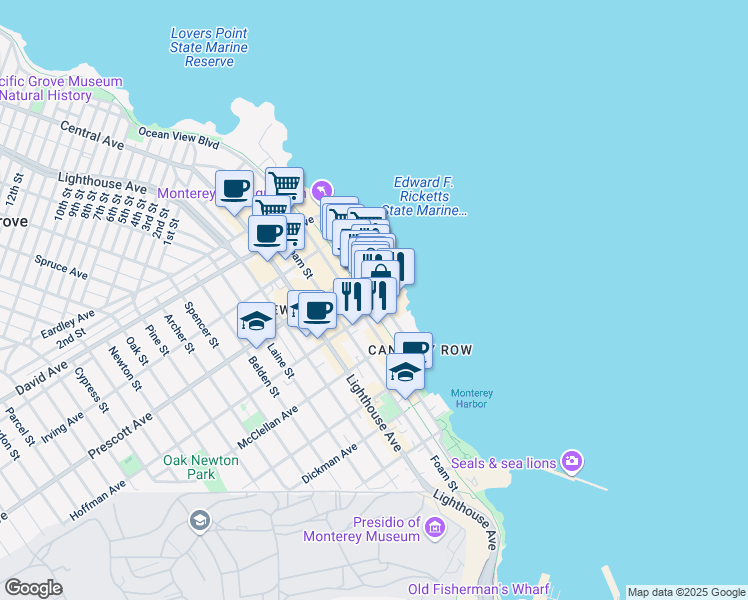 map of restaurants, bars, coffee shops, grocery stores, and more near 606 Cannery Row in Monterey