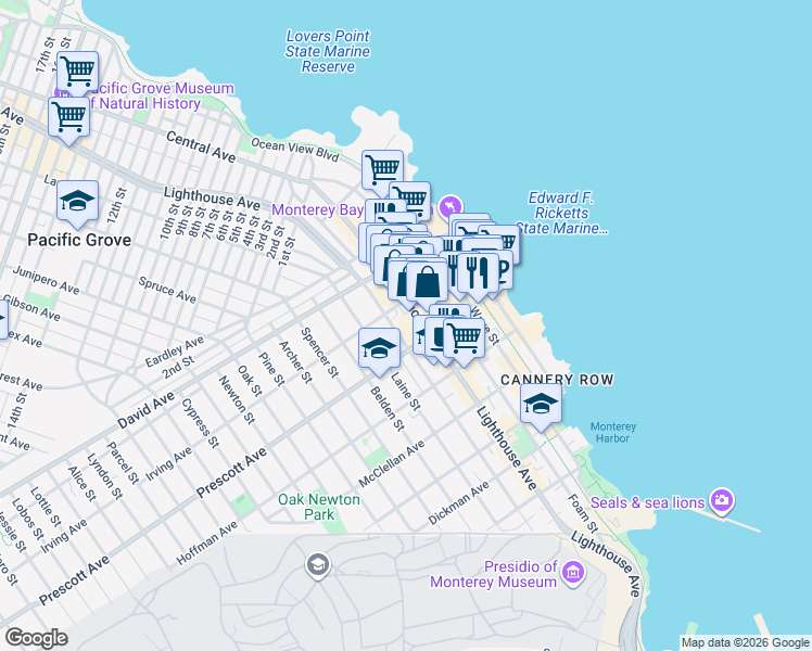 map of restaurants, bars, coffee shops, grocery stores, and more near 750 Hawthorne Street in Monterey