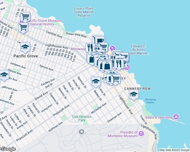 map of restaurants, bars, coffee shops, grocery stores, and more near 461 Irving Avenue in Monterey