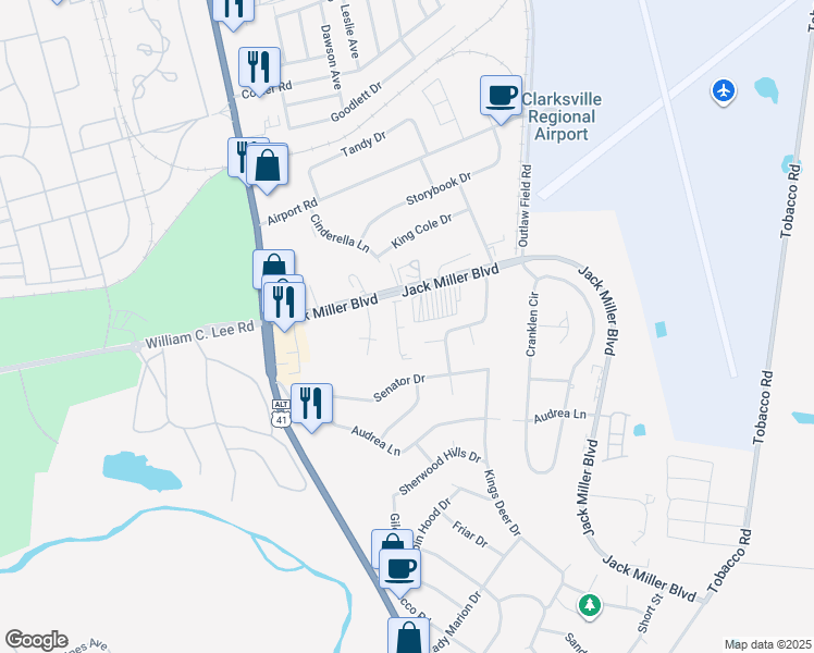 map of restaurants, bars, coffee shops, grocery stores, and more near 168 Jack Miller Boulevard in Clarksville