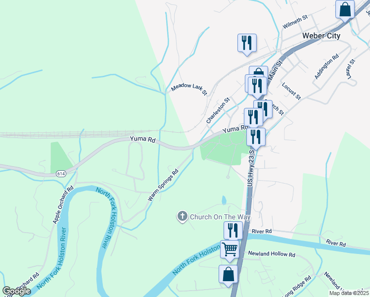 map of restaurants, bars, coffee shops, grocery stores, and more near 457 New Sr 614 in Weber City
