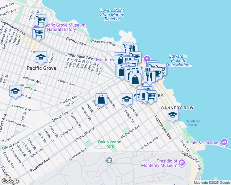 map of restaurants, bars, coffee shops, grocery stores, and more near 838 Belden Street in Monterey