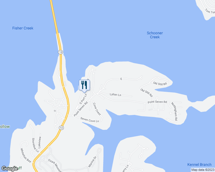 map of restaurants, bars, coffee shops, grocery stores, and more near 62 Silverbridge Lane in Kimberling City