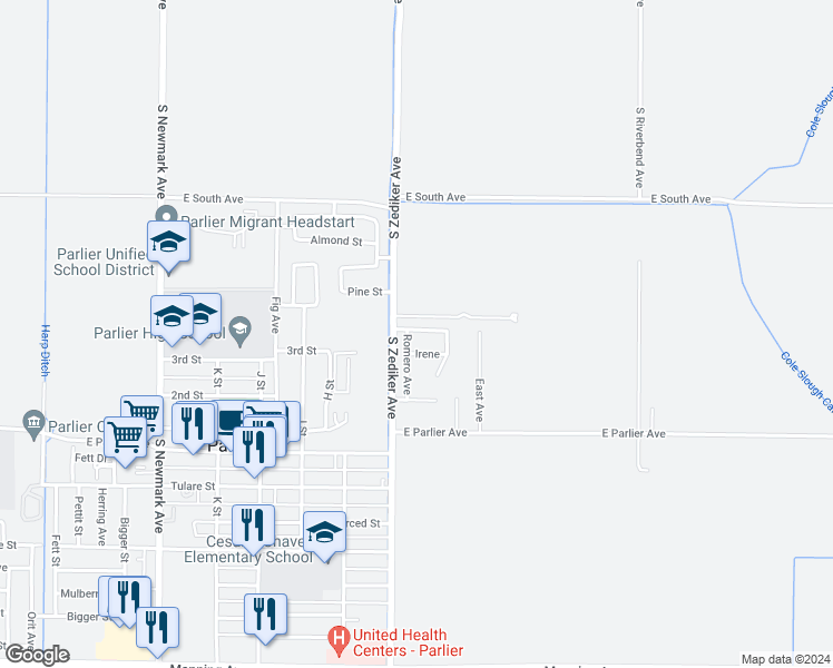 map of restaurants, bars, coffee shops, grocery stores, and more near 250 Zulma Road in Parlier