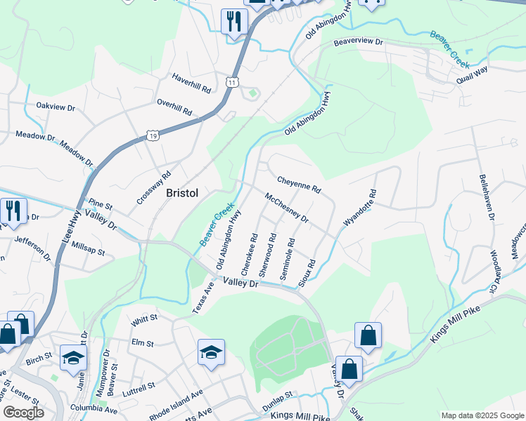 map of restaurants, bars, coffee shops, grocery stores, and more near 325 Cherokee Road in Bristol