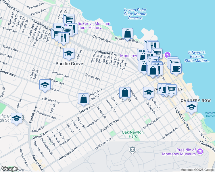 map of restaurants, bars, coffee shops, grocery stores, and more near 516 Eardley Avenue in Pacific Grove