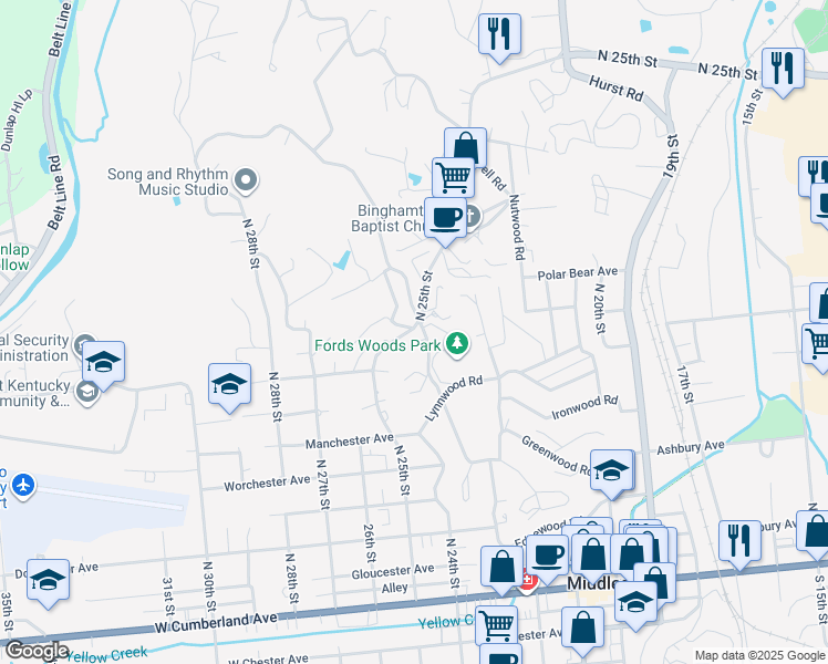 map of restaurants, bars, coffee shops, grocery stores, and more near 601 Elmwood Road in Middlesboro