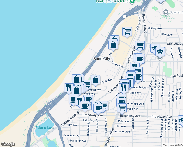 map of restaurants, bars, coffee shops, grocery stores, and more near Park Avenue in Sand City