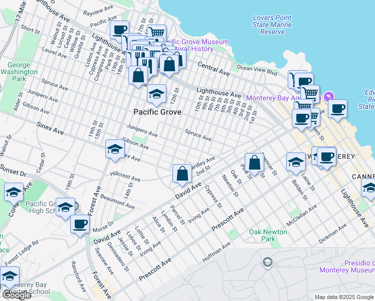 map of restaurants, bars, coffee shops, grocery stores, and more near 608 9th Street in Pacific Grove