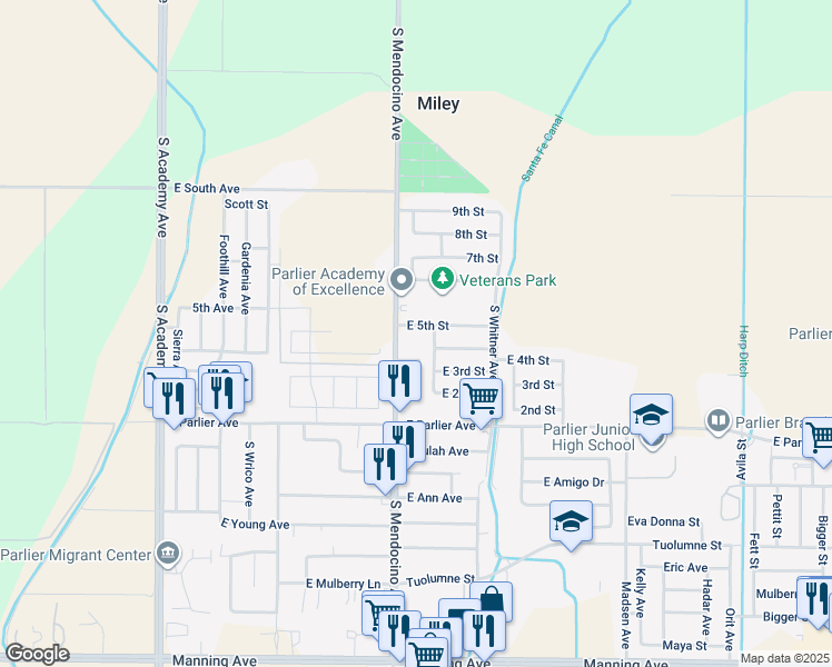 map of restaurants, bars, coffee shops, grocery stores, and more near 13509 East 5th Street in Parlier