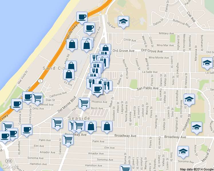 map of restaurants, bars, coffee shops, grocery stores, and more near 1195 San Pablo Court in Seaside