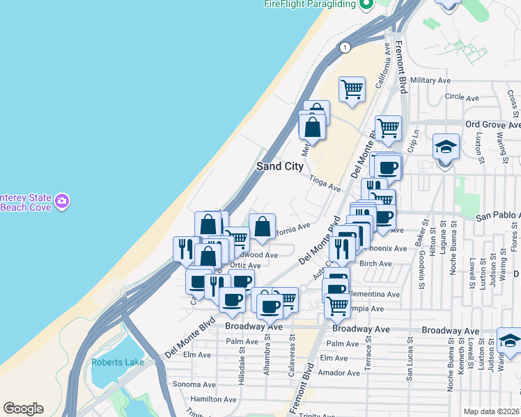 map of restaurants, bars, coffee shops, grocery stores, and more near 1877 Ocean View Avenue in Sand City