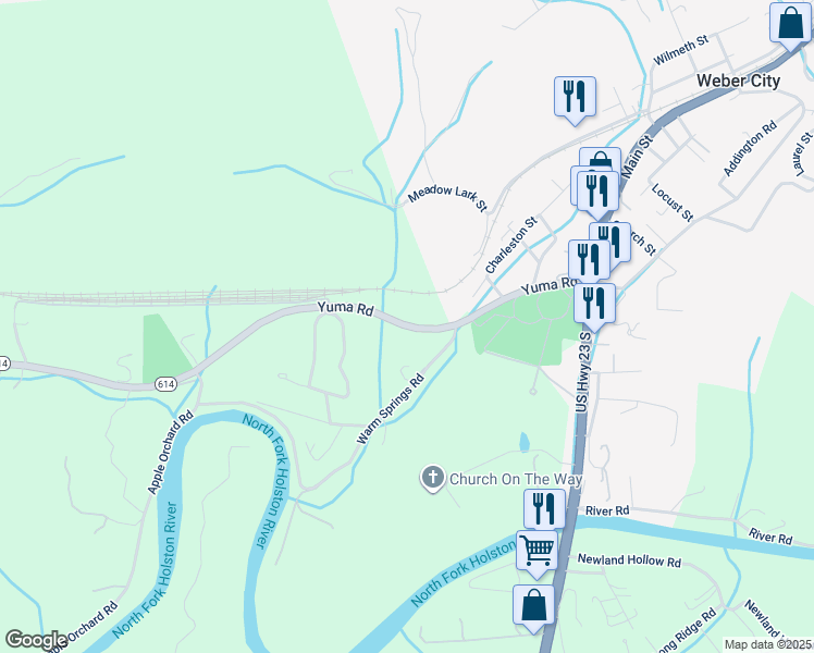 map of restaurants, bars, coffee shops, grocery stores, and more near 457-643 New Sr 614 in Weber City
