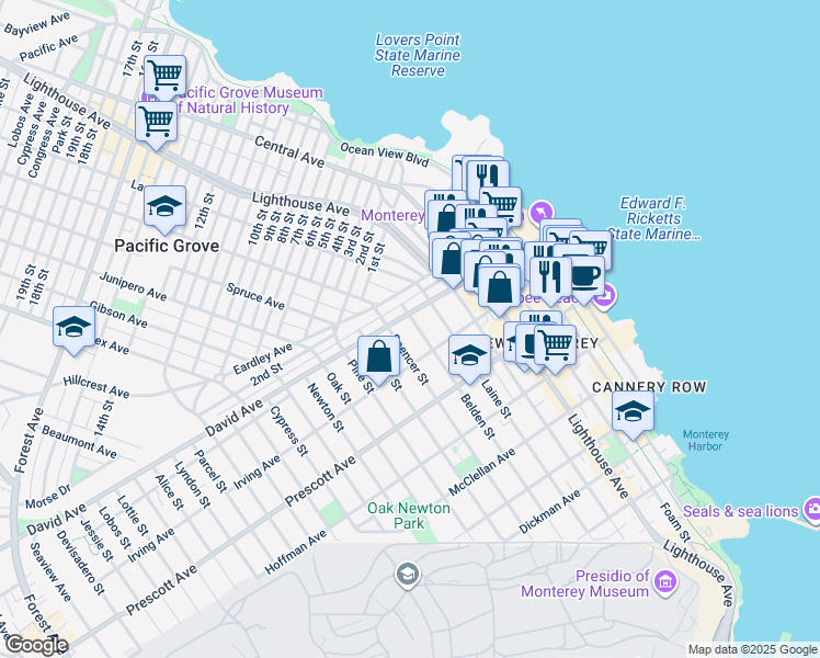 map of restaurants, bars, coffee shops, grocery stores, and more near 838 Belden Street in Monterey