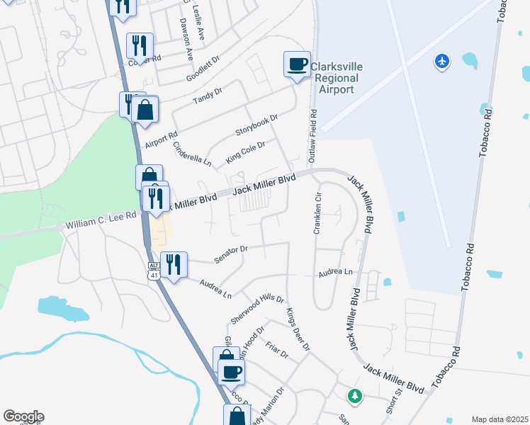 map of restaurants, bars, coffee shops, grocery stores, and more near 268 Executive Avenue in Clarksville