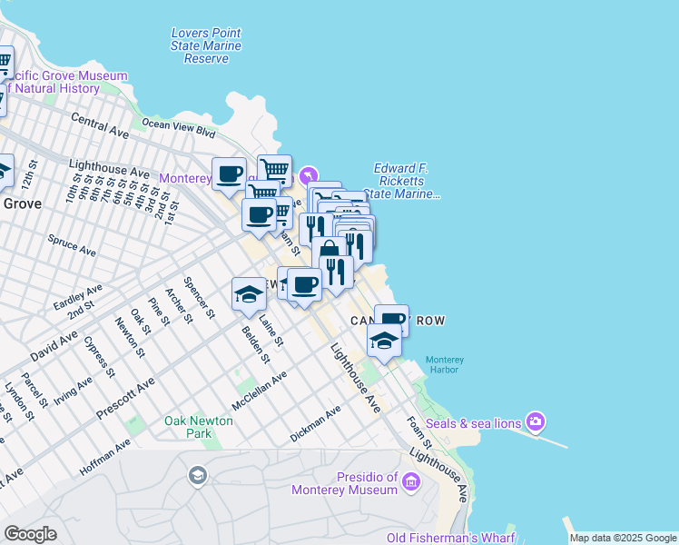 map of restaurants, bars, coffee shops, grocery stores, and more near 640 Wave Street in Monterey