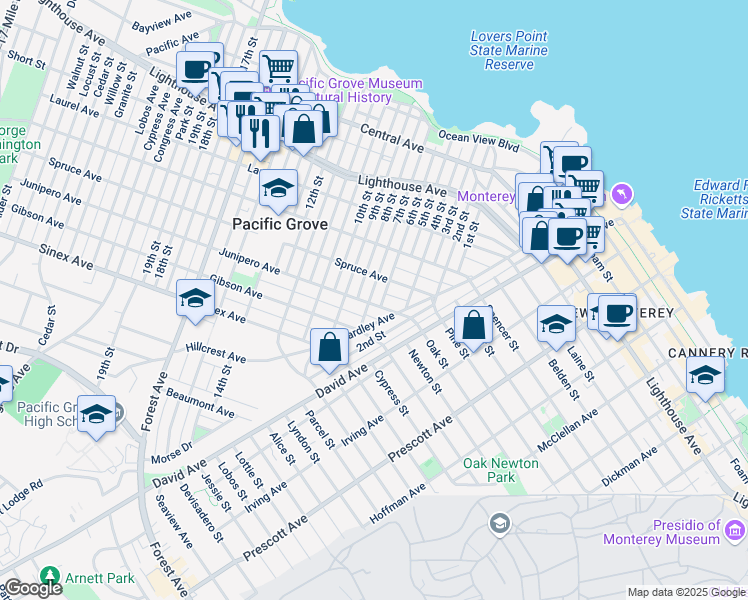 map of restaurants, bars, coffee shops, grocery stores, and more near 519 7th Street in Pacific Grove
