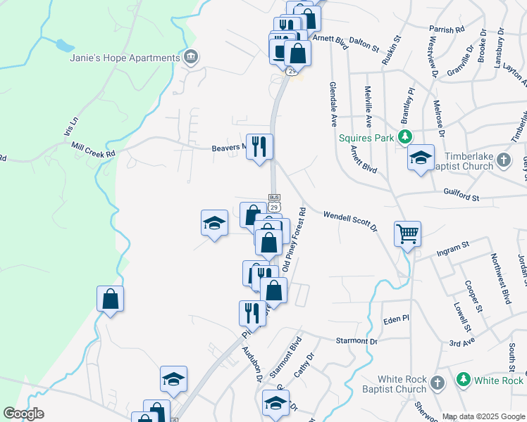 map of restaurants, bars, coffee shops, grocery stores, and more near 825 Piney Forest Road in Danville
