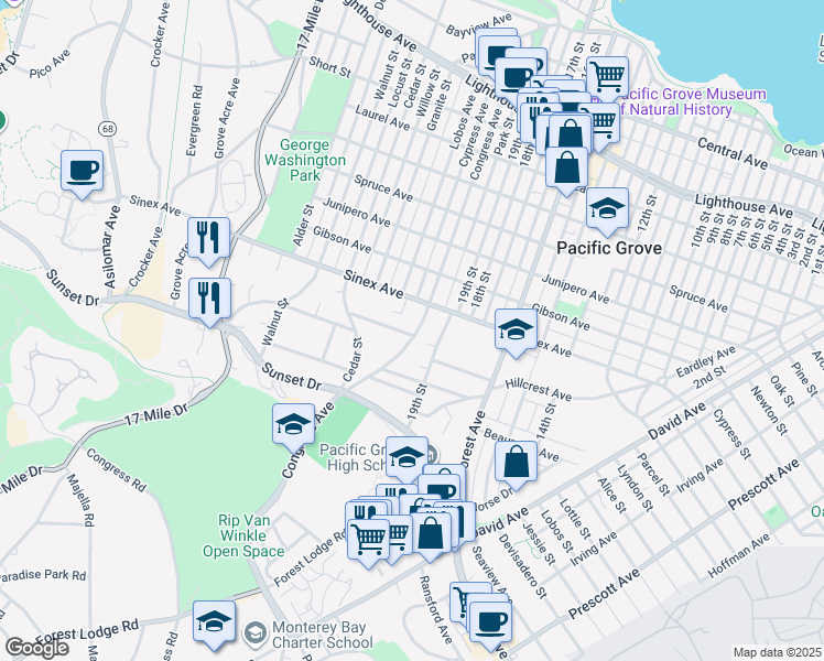 map of restaurants, bars, coffee shops, grocery stores, and more near 700 Rosemont Avenue in Pacific Grove