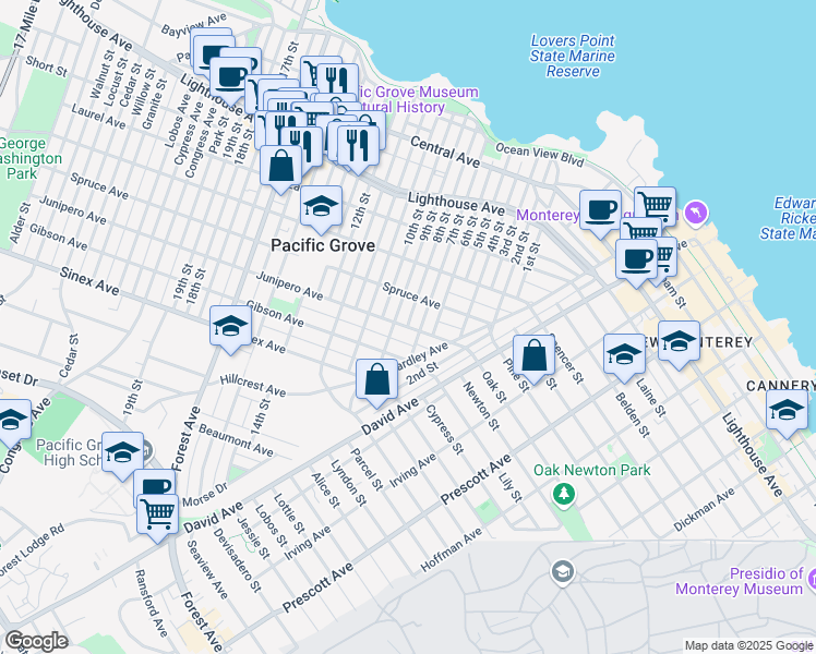 map of restaurants, bars, coffee shops, grocery stores, and more near 1143 8th Street in Pacific Grove