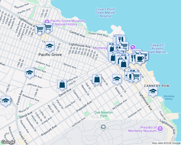 map of restaurants, bars, coffee shops, grocery stores, and more near 421 Eardley Avenue in Pacific Grove
