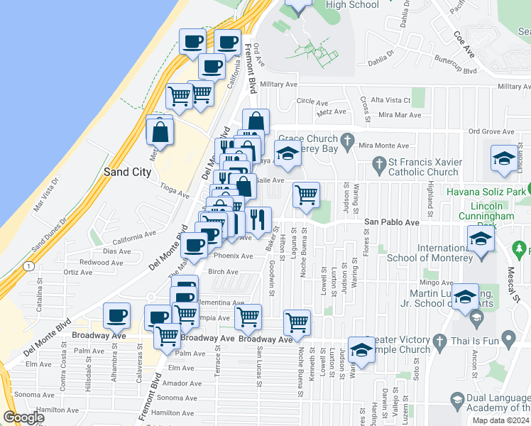 map of restaurants, bars, coffee shops, grocery stores, and more near 1217 San Pablo Avenue in Seaside